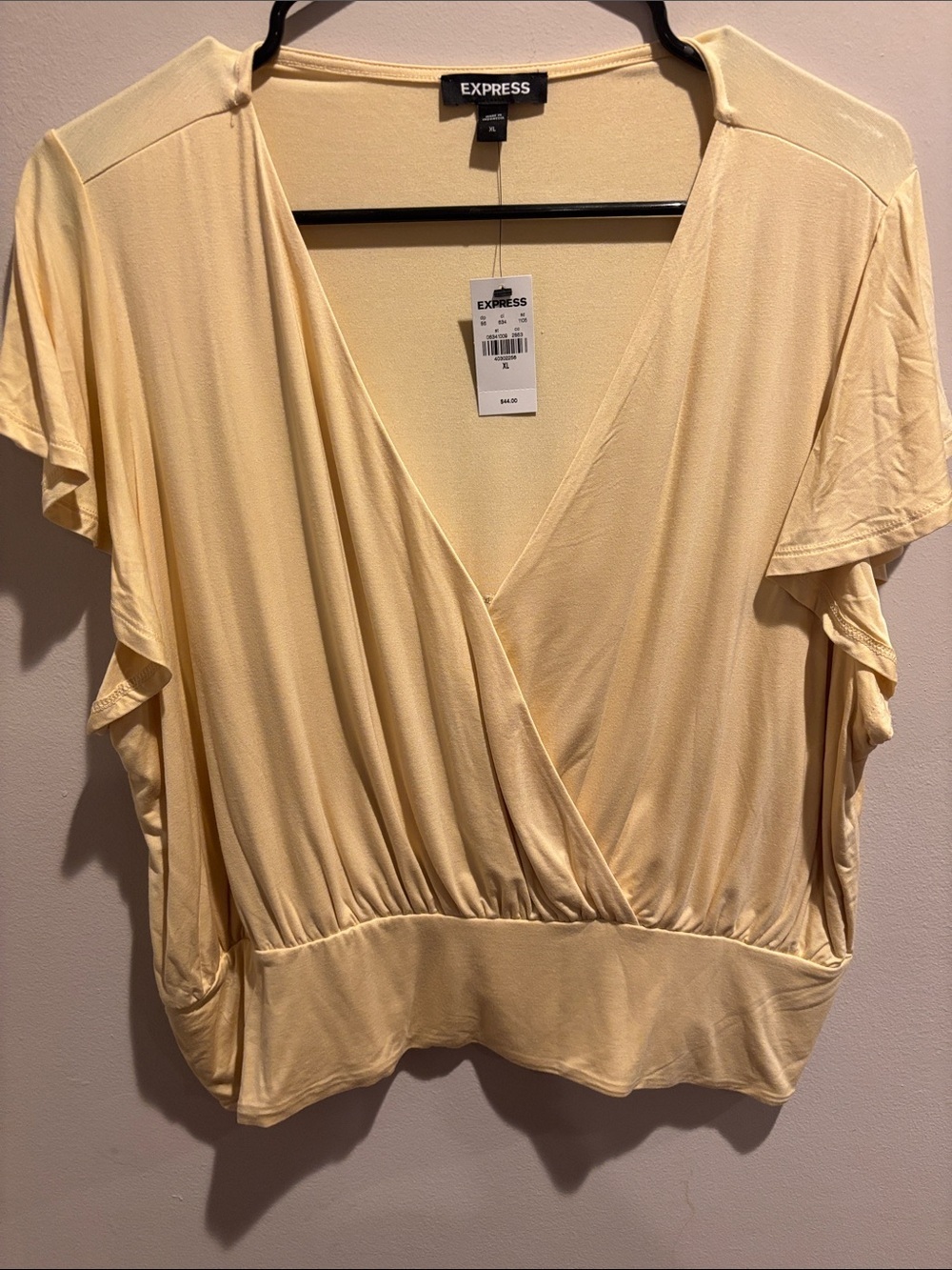 Express Pale Yellow Surplice Short Sleeve Blouse